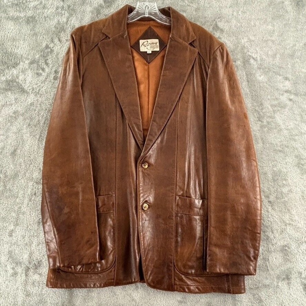 Vintage Remy Leather‎ Blazer Mens 42L Brown Soft Pockets Lined Button Jacket